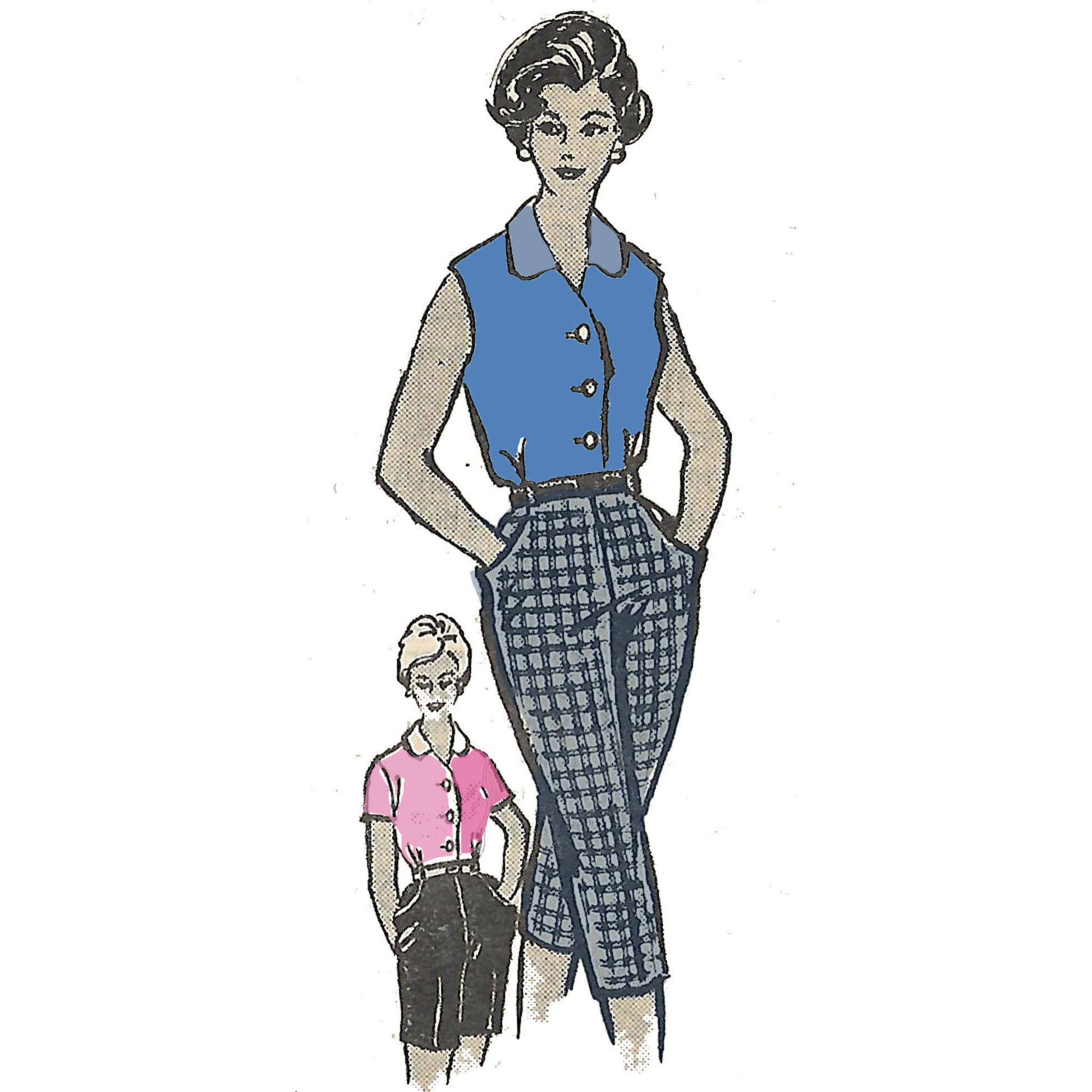 Model wearing 1950 blouse and slack made from Marian Martin 4787 pattern