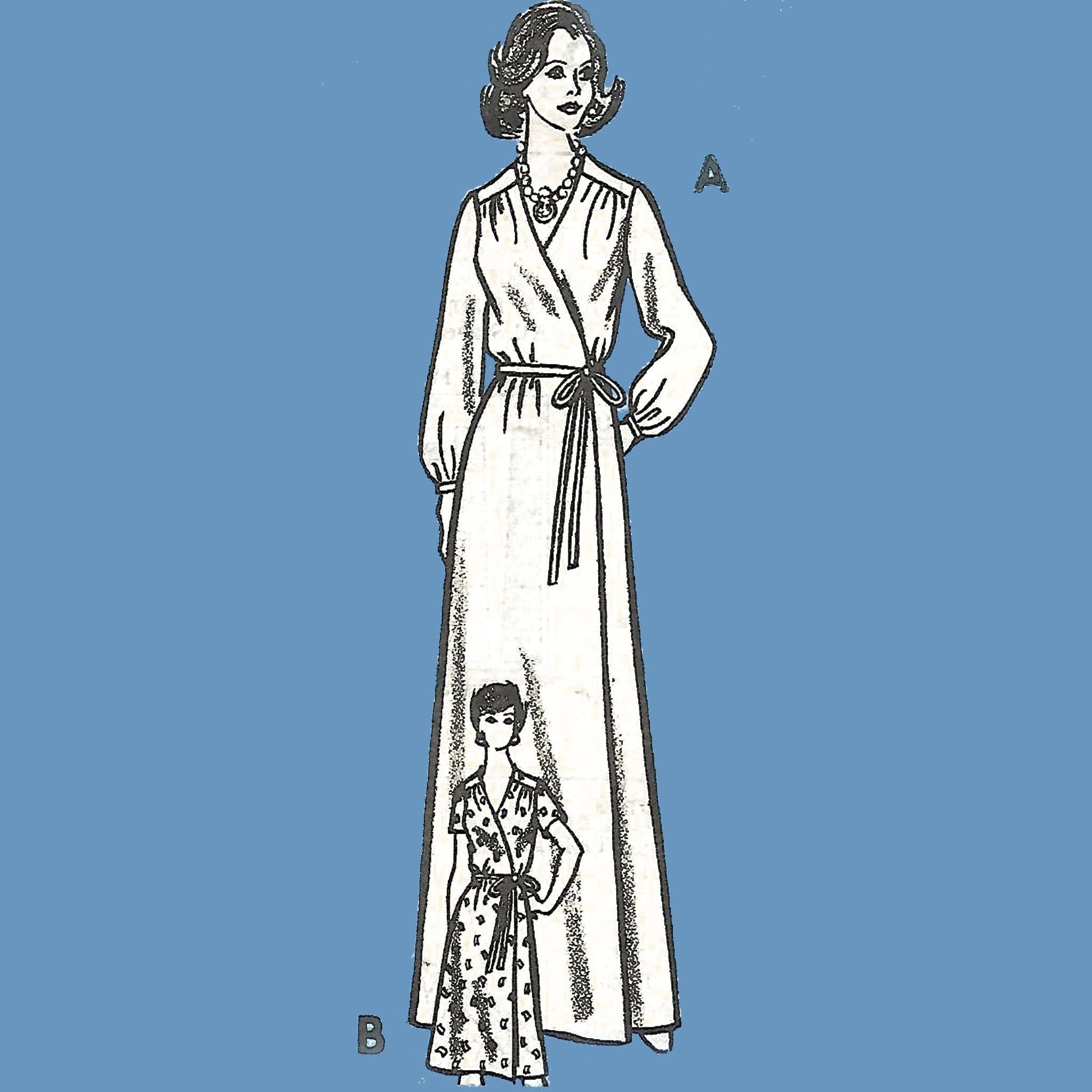 Model wearing 1970s long dress made from Marian Martin 9495 pattern