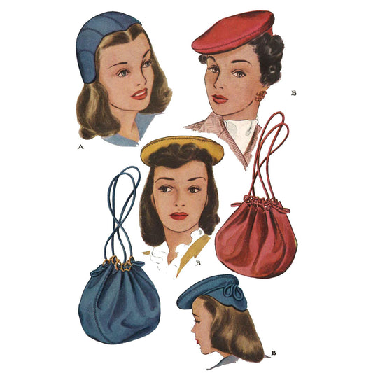 4 women wearing hats and 2 styles of drawstring bag.