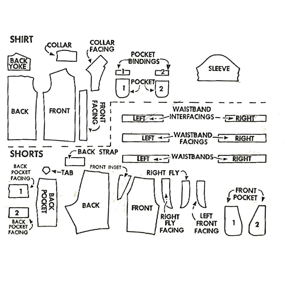 Sewing pattern pieces for shirt and shorts.