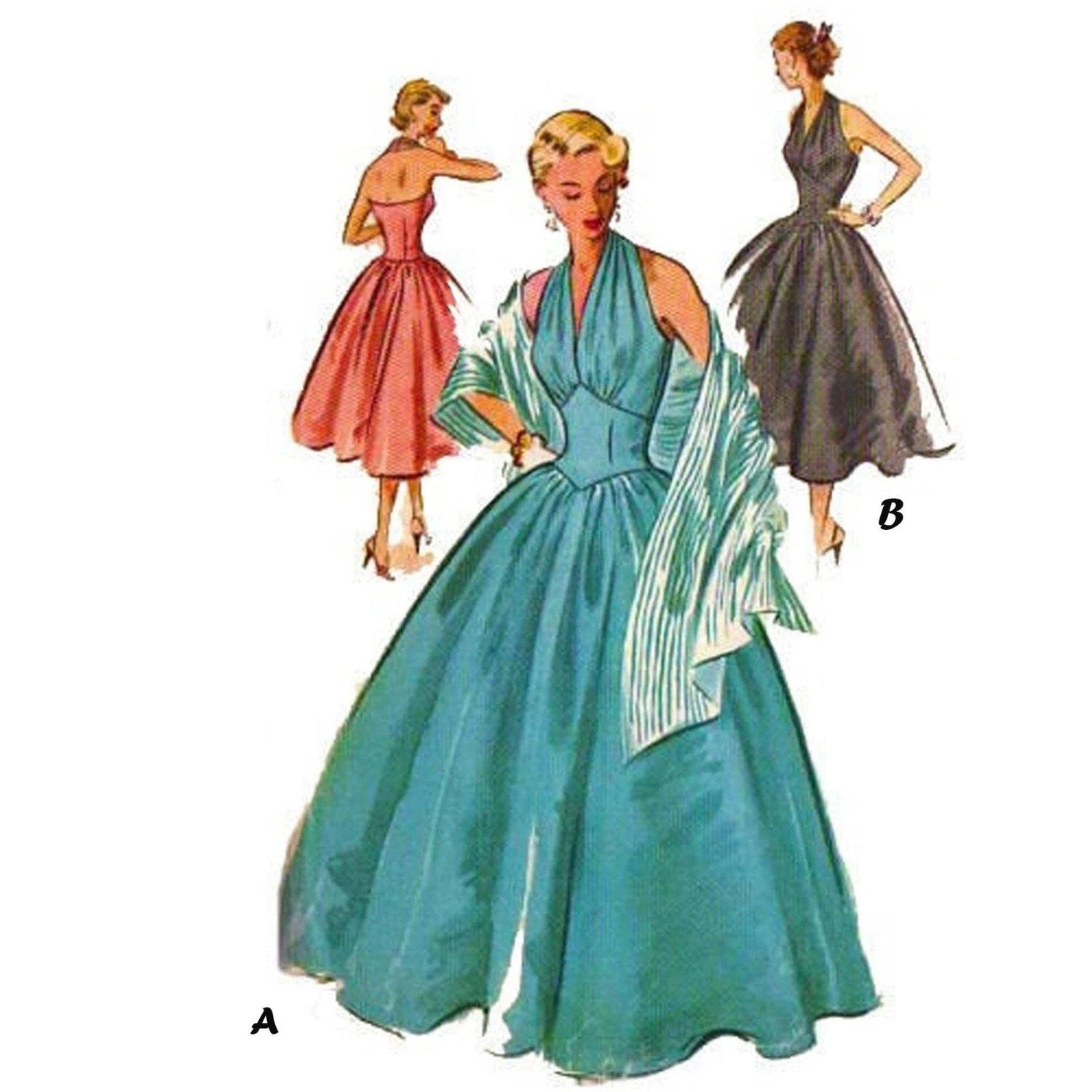 Fashion Illustration of women wearing halter dress in two lengths.