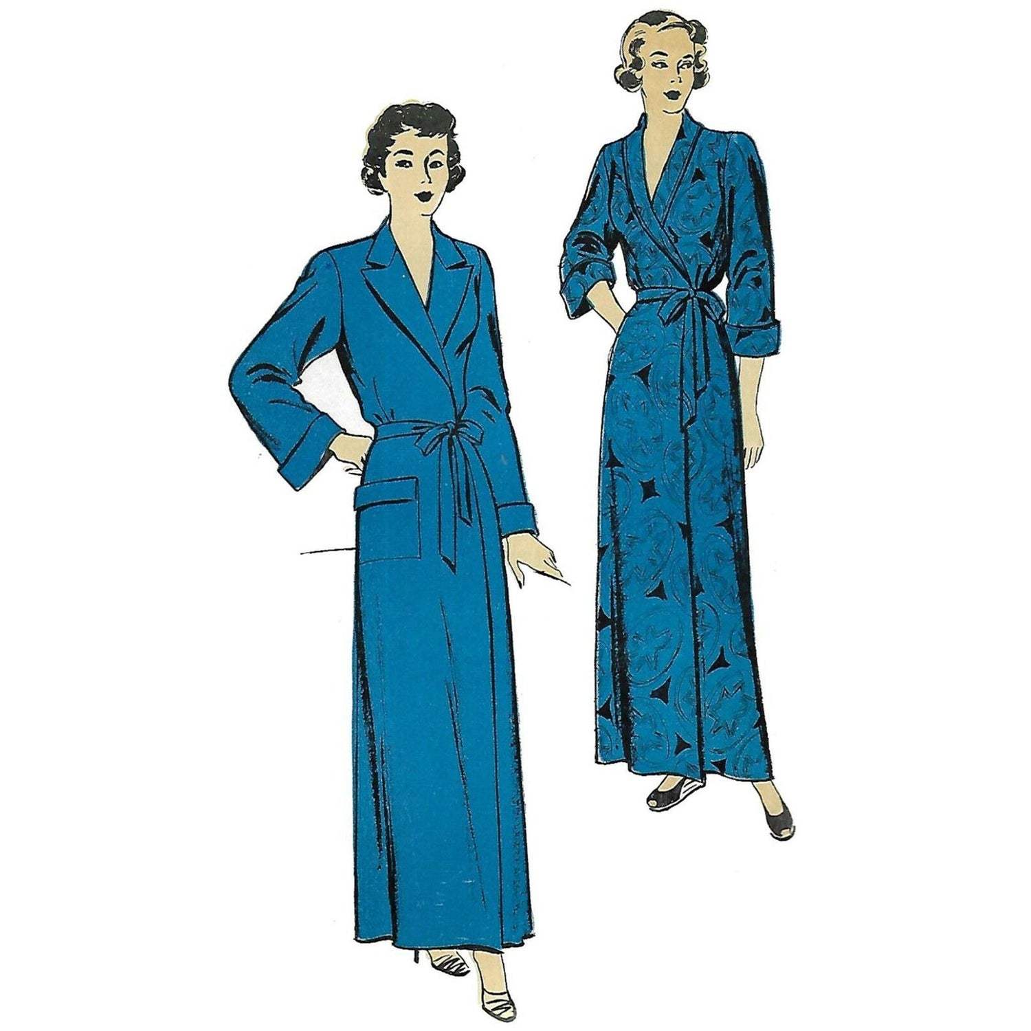 Two women wearing blue full length robes which cross over to the left and tie with a belt.