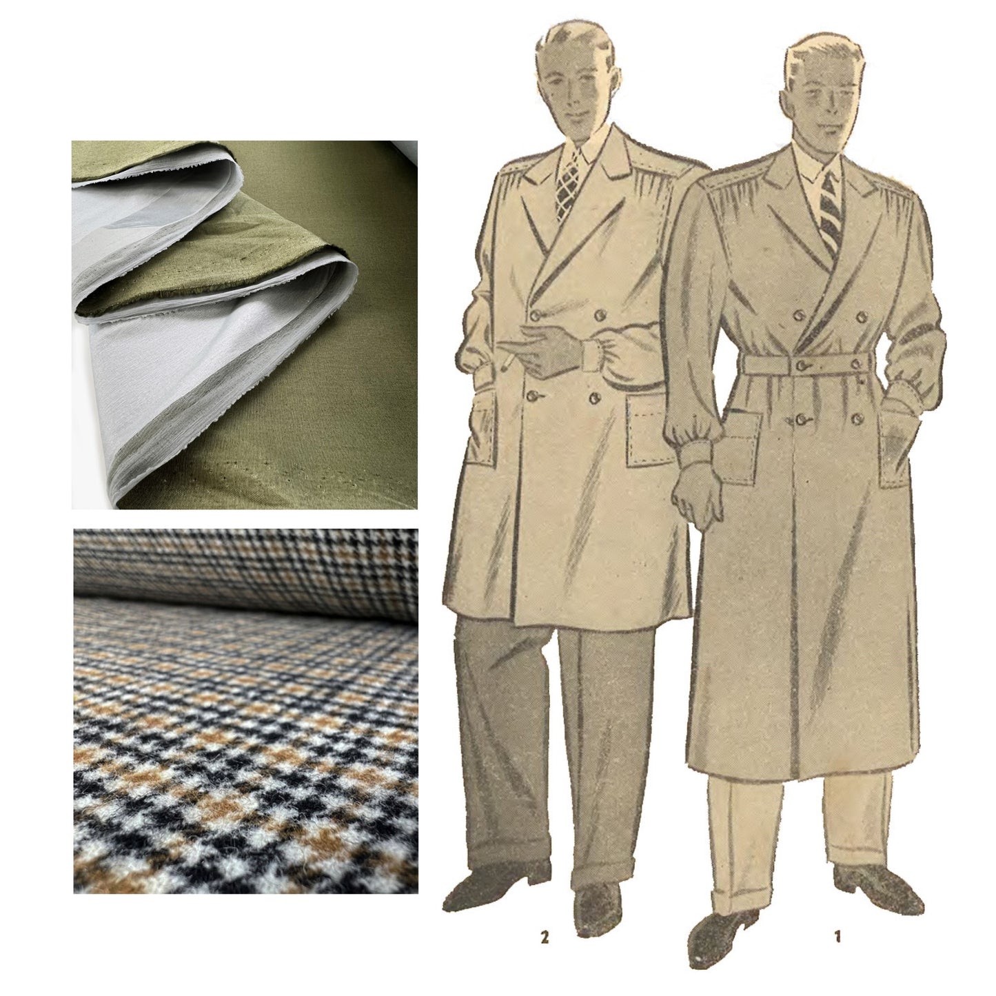 Two men wearing two versions of the coat sewing pattern. with example fabrics