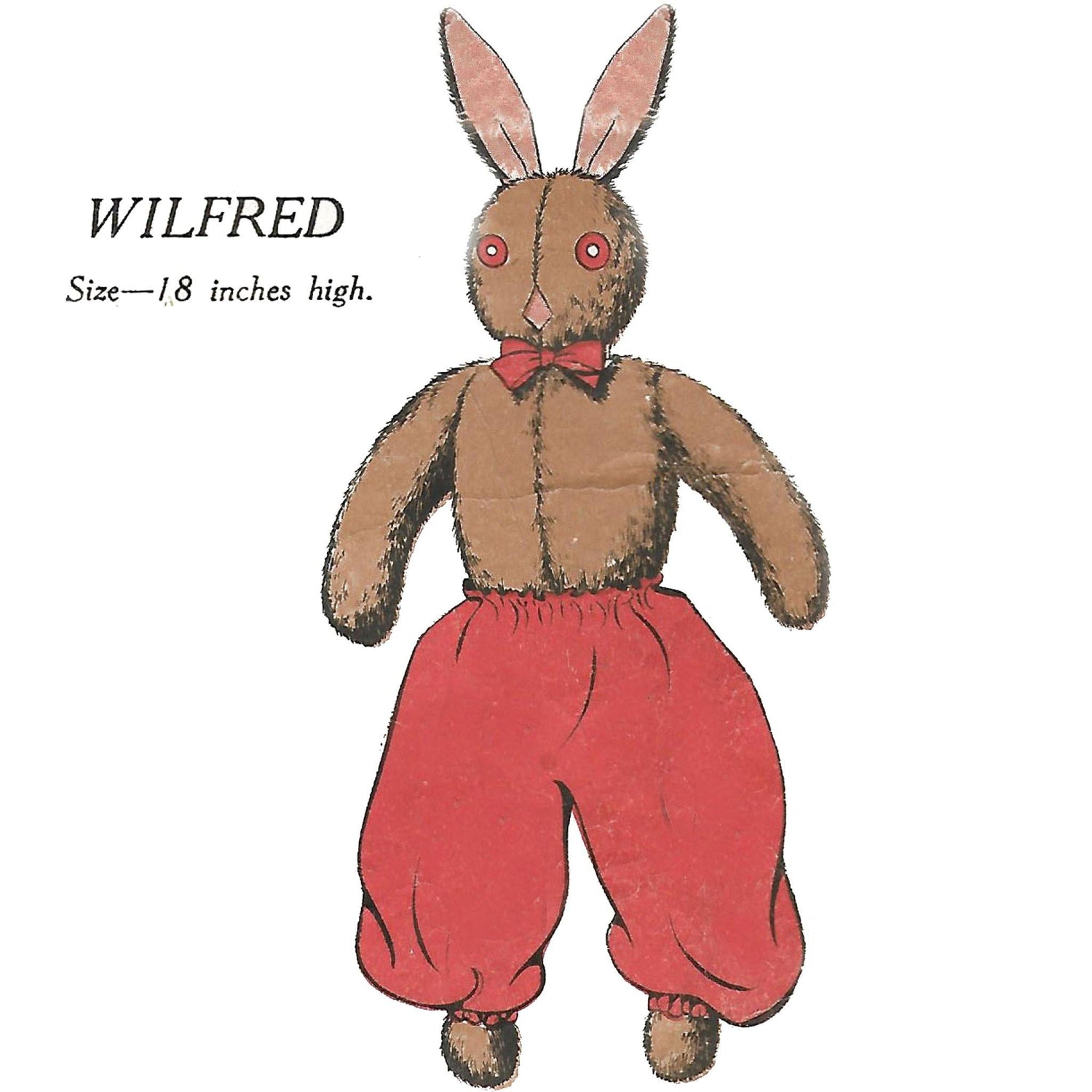 Image of 'Wilfred' stuffed rabbit toy, with brown fur and a red bowtie and trousers.