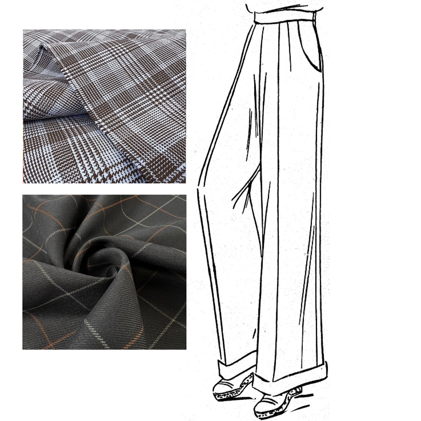 Hand drawn image of women's slacks with wide legs and turnups, front pockets and waistband