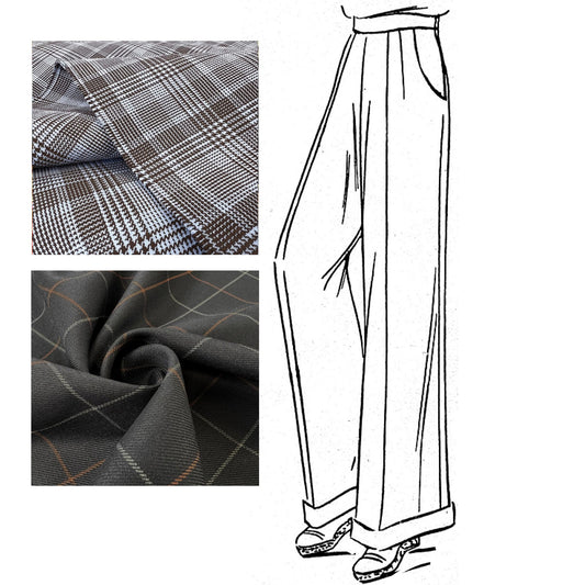 Trousers with example fabrics
