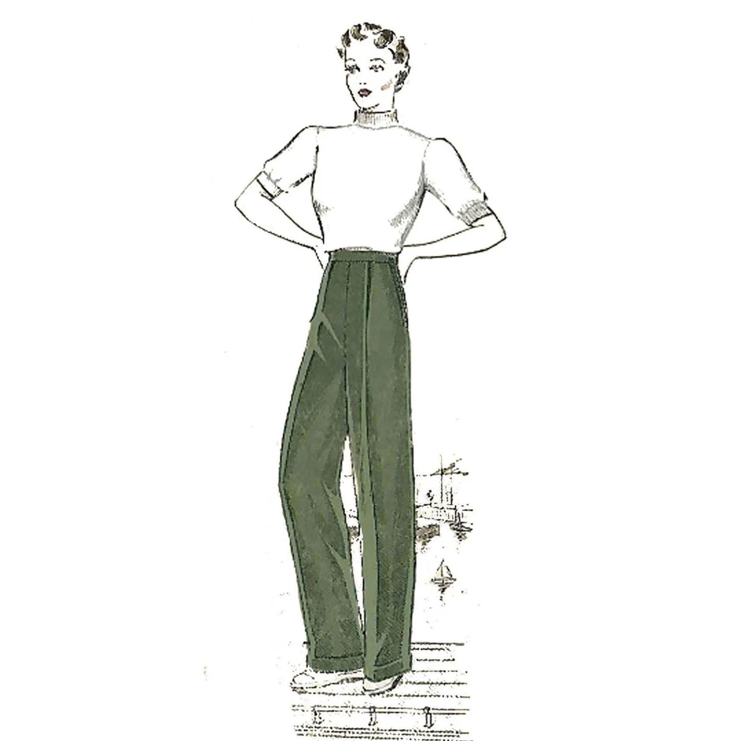 Woman wearing 30s slacks.