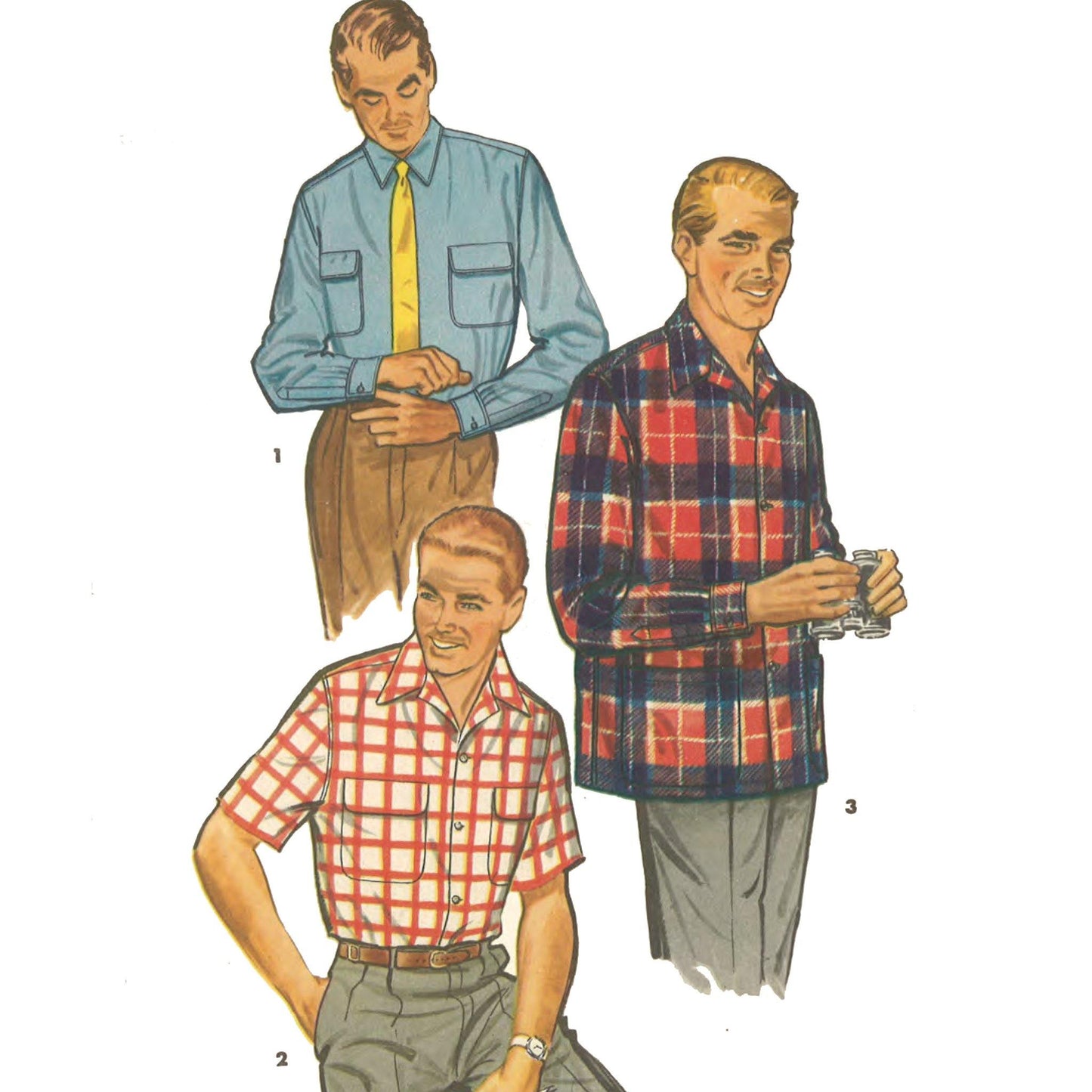 3 Men wearing vintage shirts. Left top: View 1, long sleeve with pockets. Left bottom: View 2, short sleeves with pockets. Right: View 3, long sleeves no pockets.