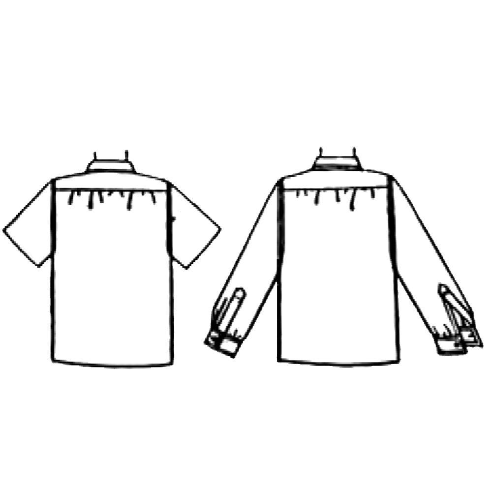 Line drawing of back views of shirts. Left: short sleeves. Right: long sleeves.