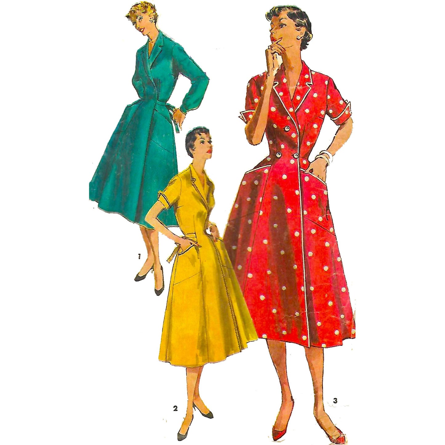 Model wearing 1950s wrap-around house dress made from Simplicity 1028 pattern