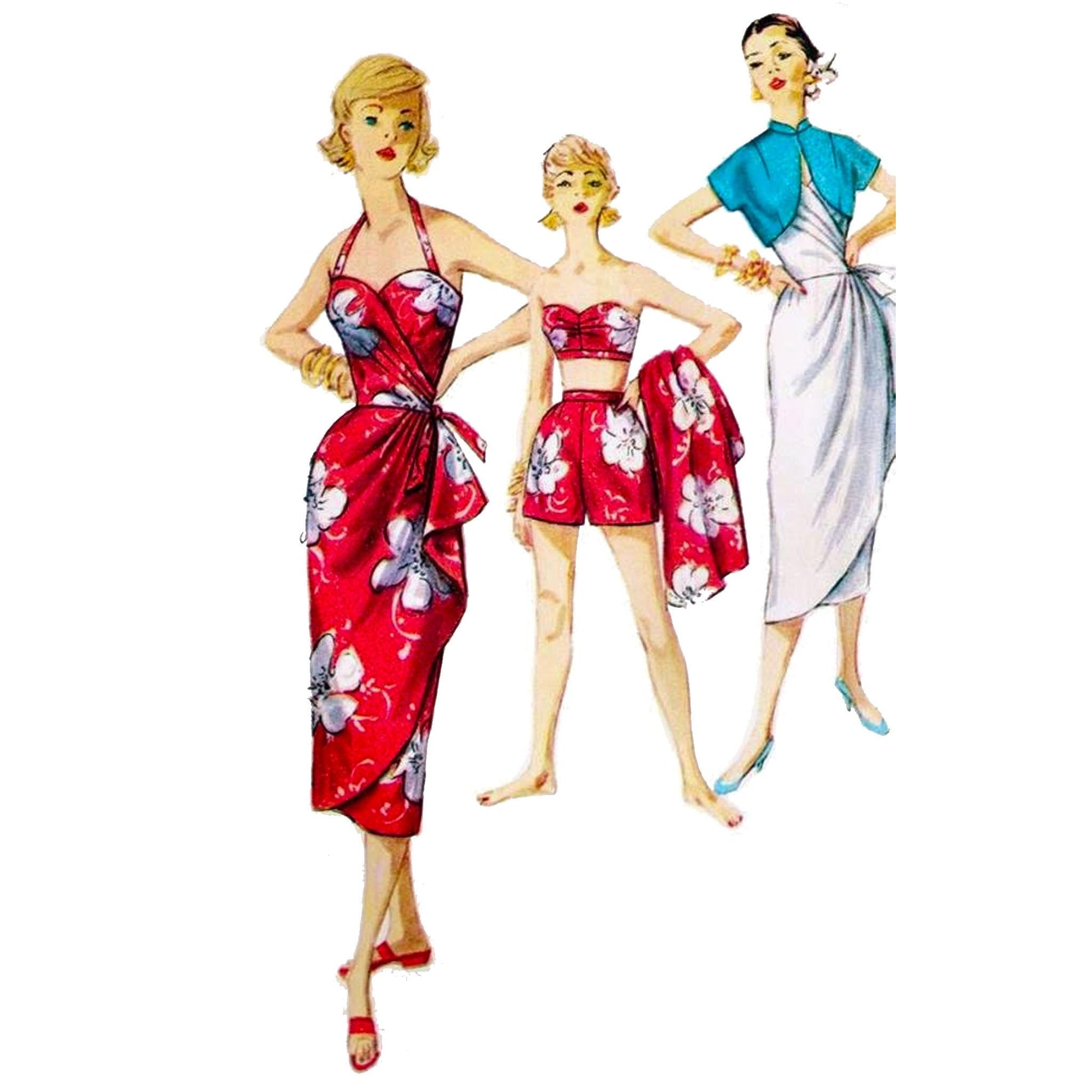 Model wearing 1950s sarong dress, jacket, bra and shorts made from Simplicity 1168 pattern