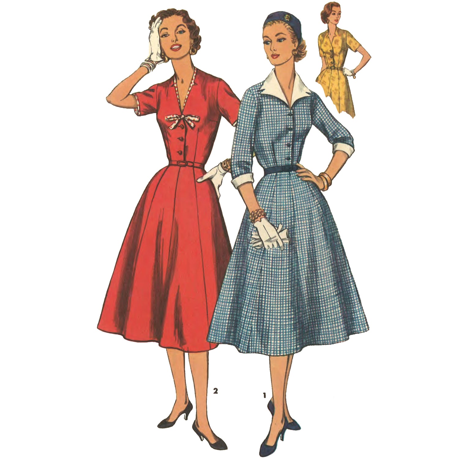 Women wearing fit and flared dresses.