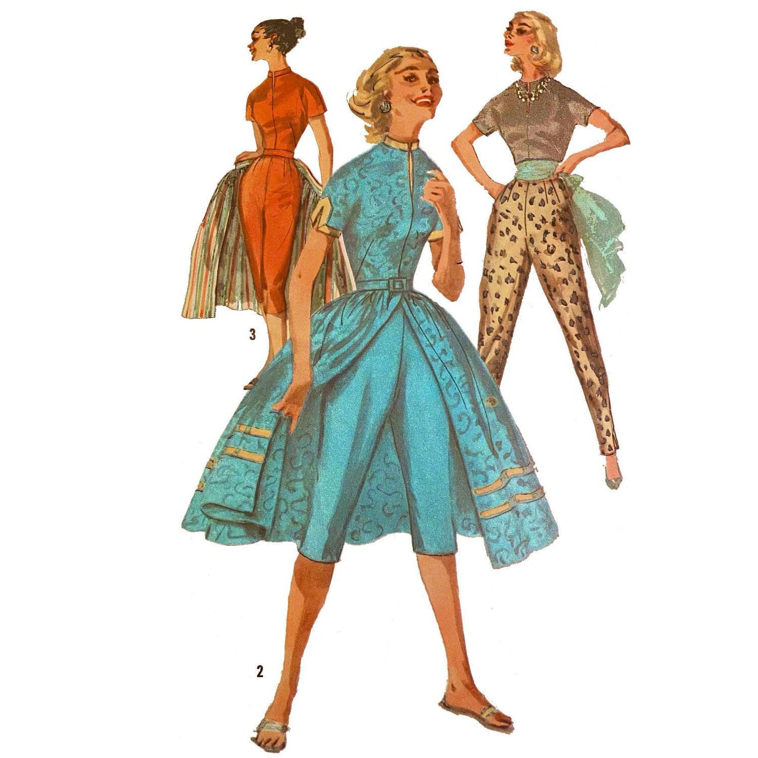 Model wearing 1950s pants in two lengths, blouse and overskirt made from Simplicity 1812 pattern