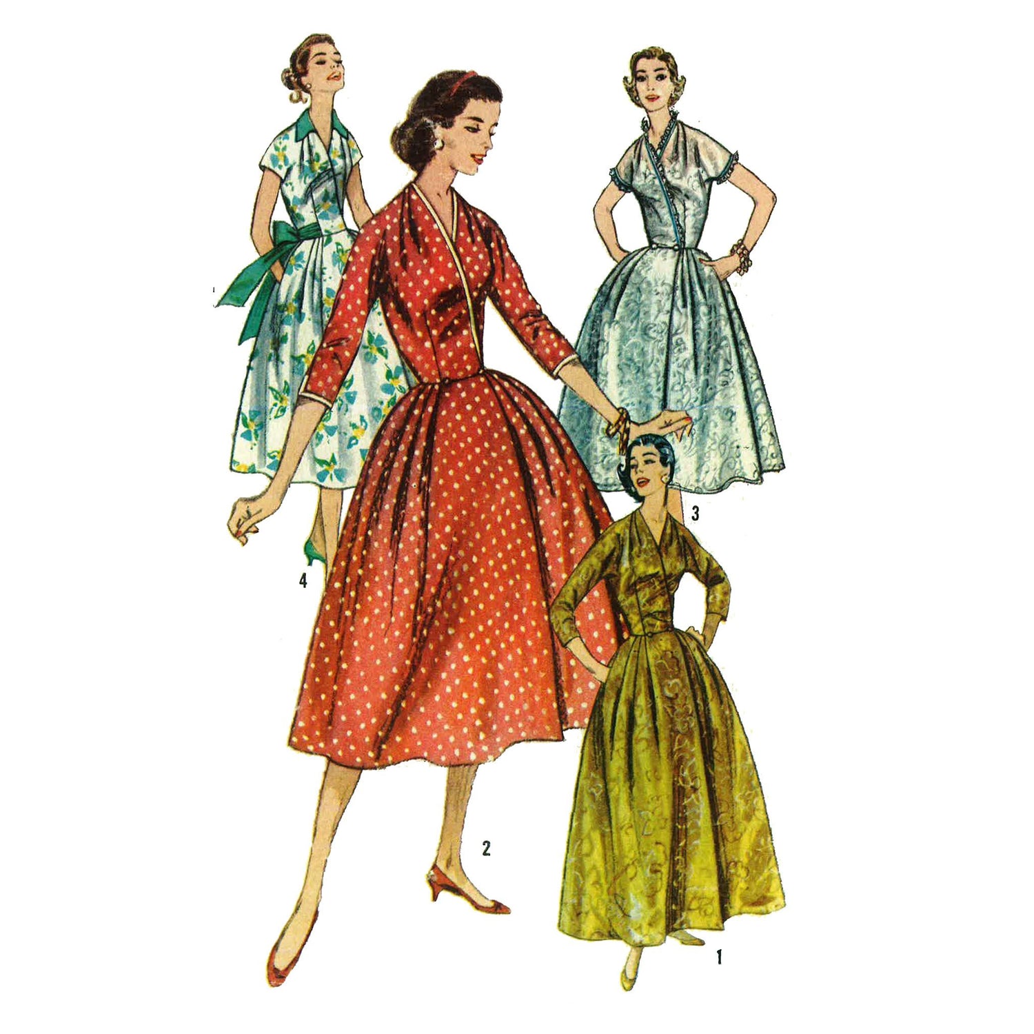 Model wearing 1950s housecoat and house dress in two lengths made from Simplicity 1819 pattern