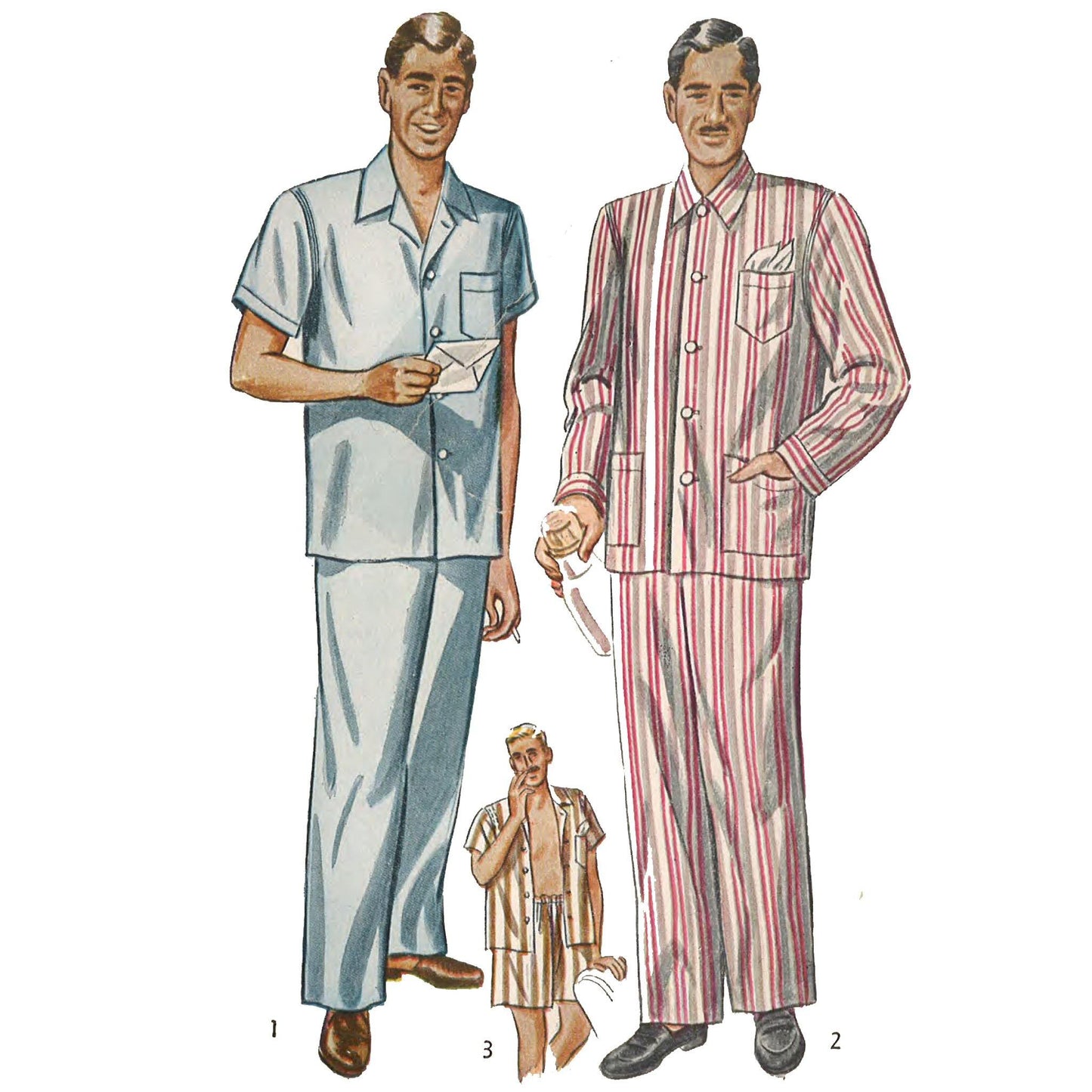 One man wearing short sleeved pyjamas and another man wearing long sleeved pyjamas.