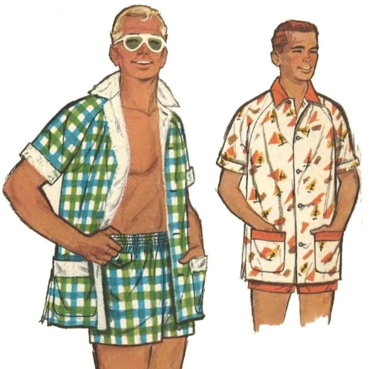 Models wearing beach shorts and shirt made from Simplicity 2080 sewing pattern.