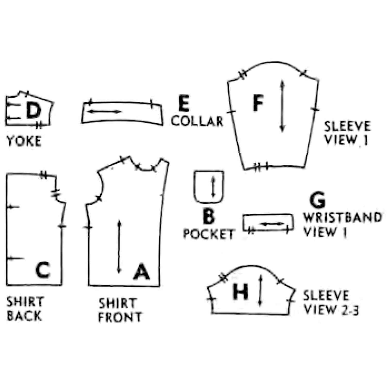 1950s Pattern, Men's Set of Sports Shirt - Pattern pieces