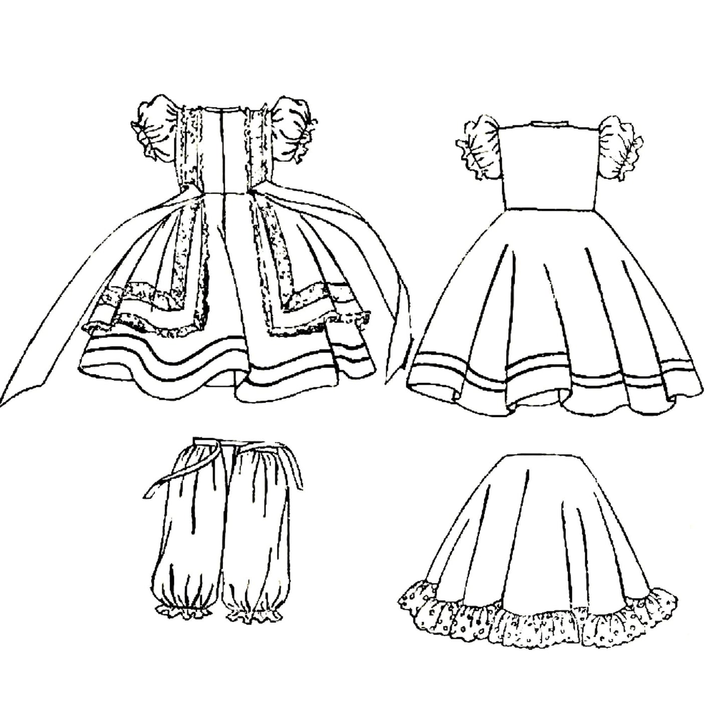 Line drawing of the dolls garments included in '1940's Child's Alice in Wonderland Doll'. Front and back view of dress and front views of bloomers and petticoat.