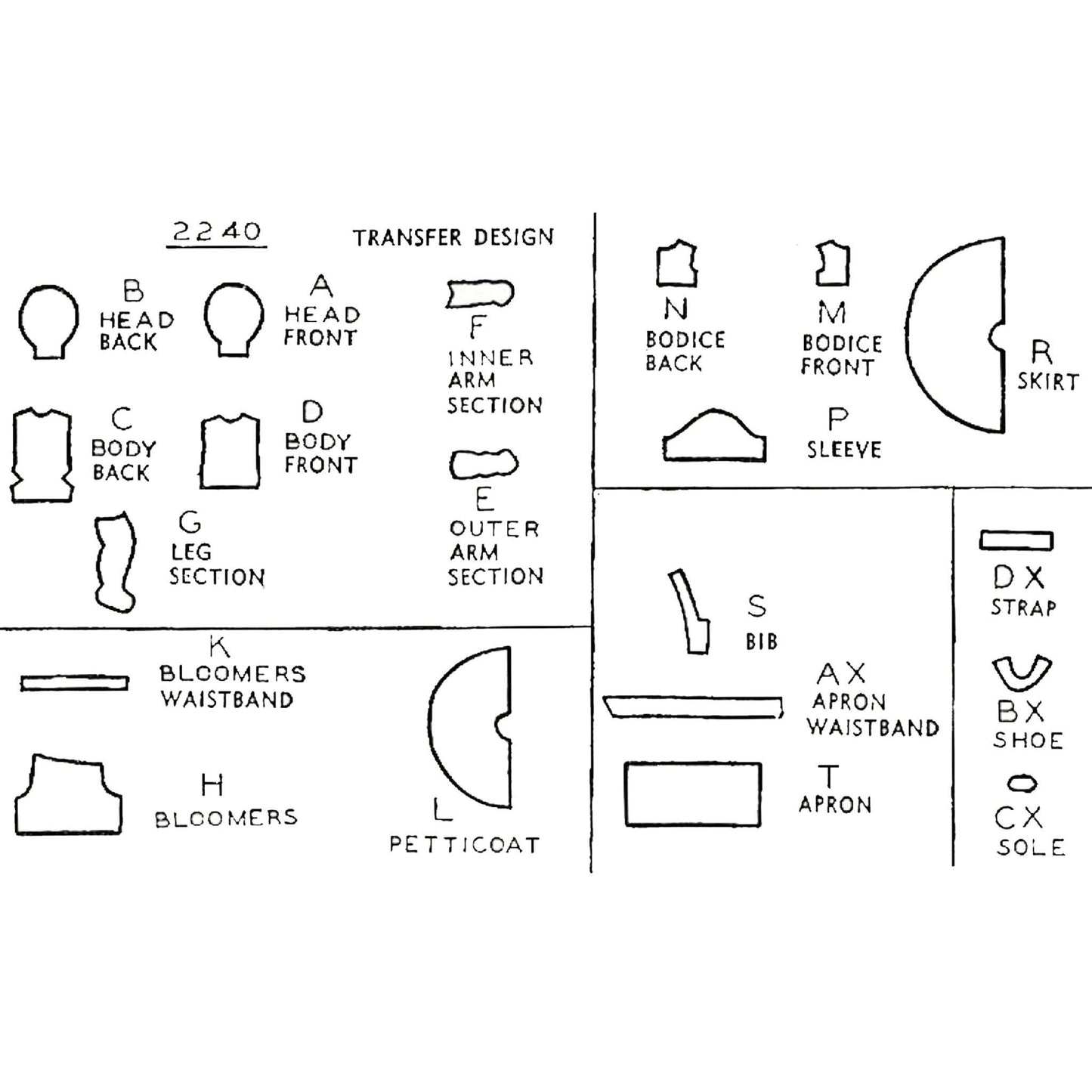 Line drawing of all pattern pieces included in "1940's Child's Alice in Wonderland' pattern.