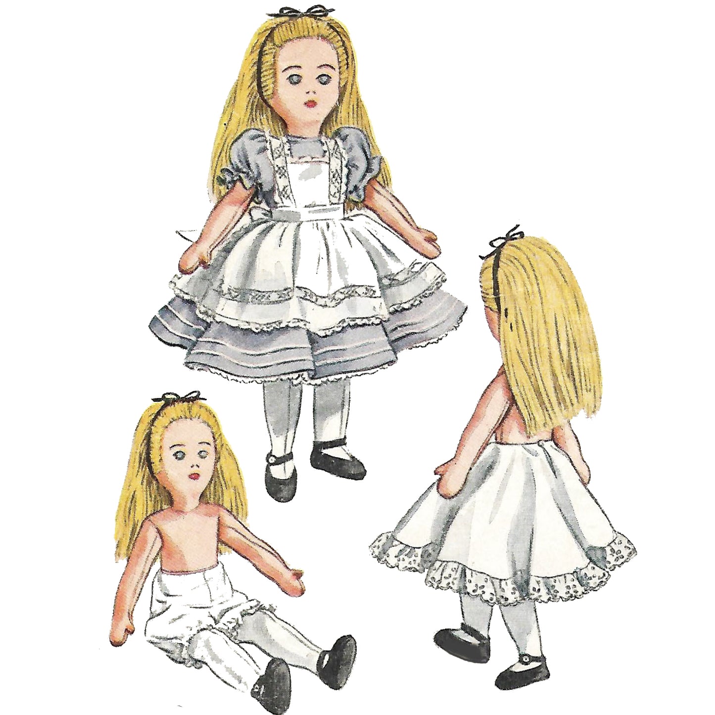 3 images of Vintage 'Alice in Wonderland' doll. One stood up showing the front of the doll, one sat wearing bloomers, and one showing the back view of the doll in the petticoat.