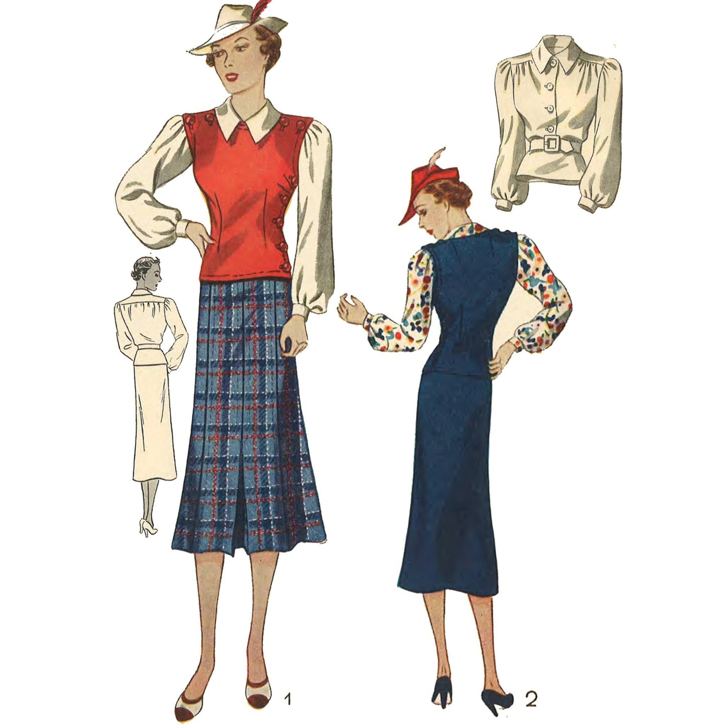 Women wearing blouses and skirts