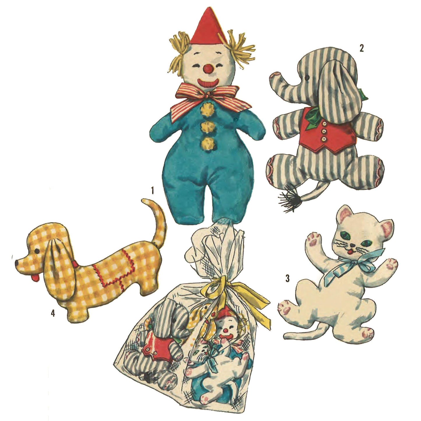Childrens' toys: clown, doggy, cat and elephant