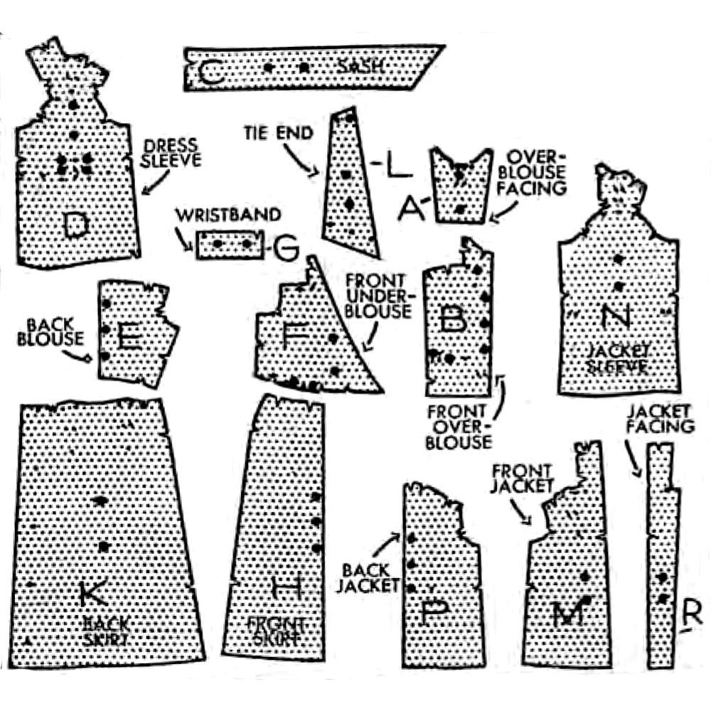 Line drawing of all pattern pieces included in "1930s Pattern, Maternity Dress & Loose Jacket"