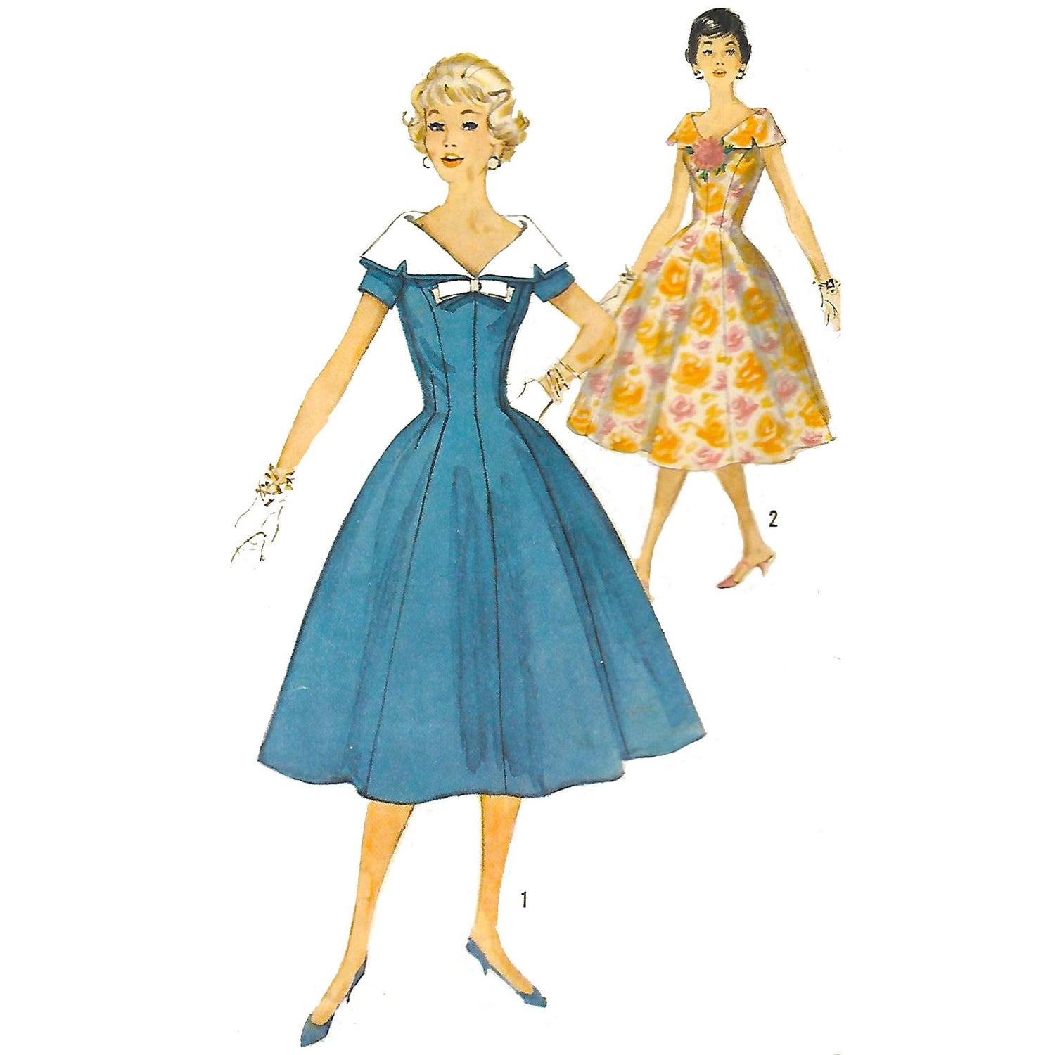 Model wearing 1950s dress with detachable collar and bow made from Simplicity 2496 pattern