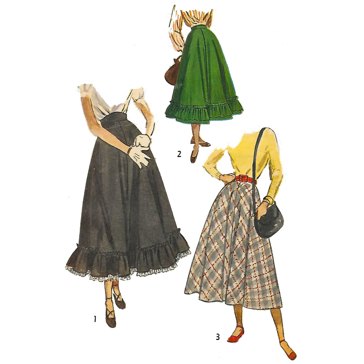 Model wearing 1940s teen-age skirt in daytime and ballerina lengths made from Simplicity 2609 pattern