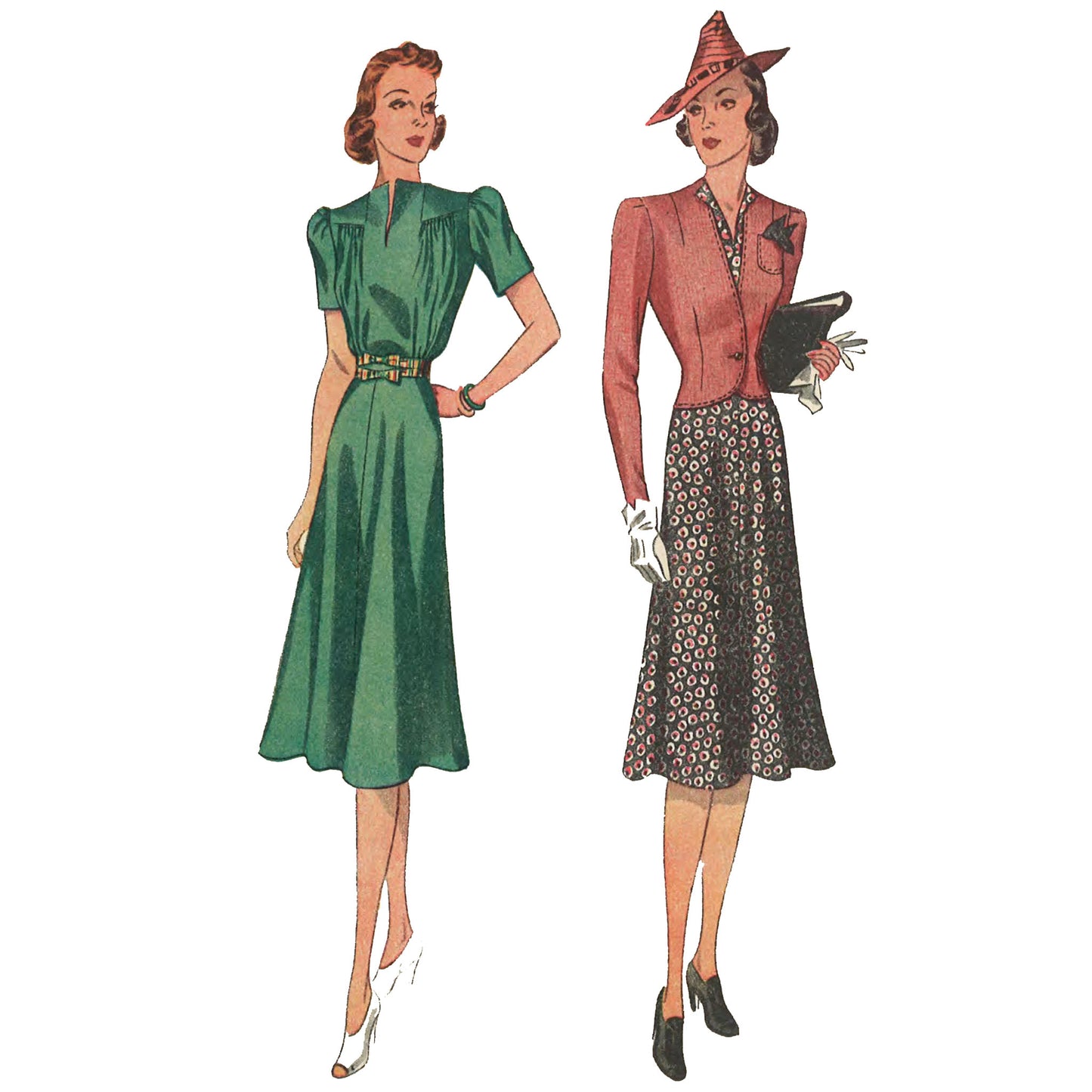 Two women wearing a 1940s dress and jacket