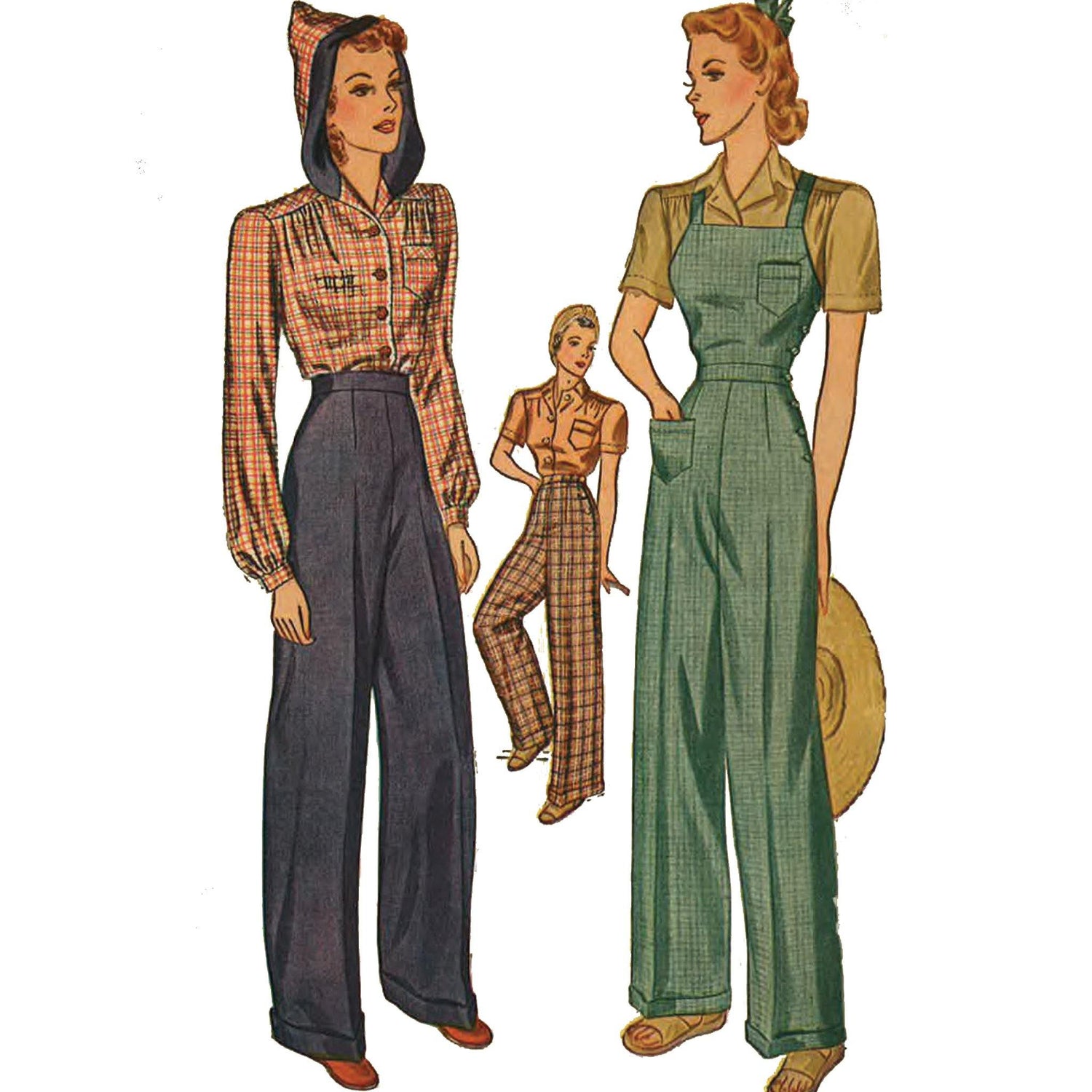 Women wearing Land Girl outfits. Left, wearing hooded shirt and slacks. Right, wearing short sleeve shirt and overalls. Centre, wearing short sleeve shirt and slacks.