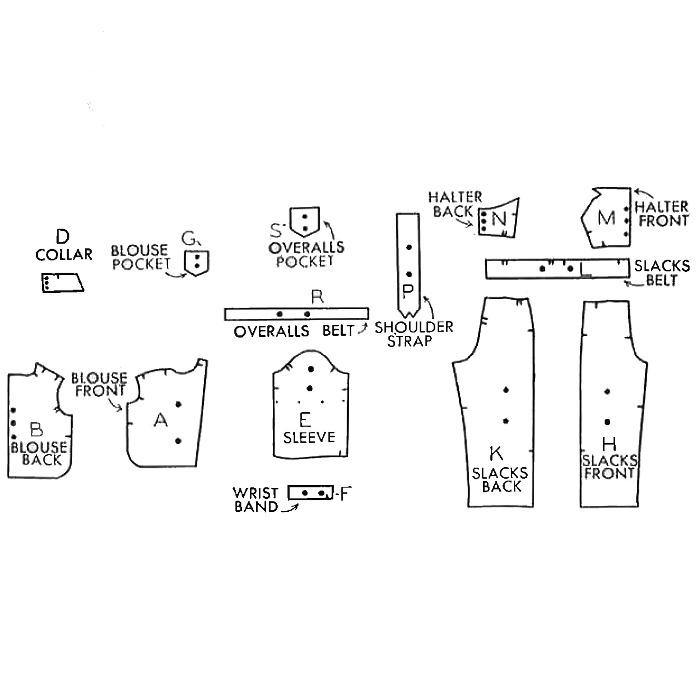 Line drawing showing all pattern pieces included in "1940s Pattern, Land Girl High Waist Slacks & Overalls"