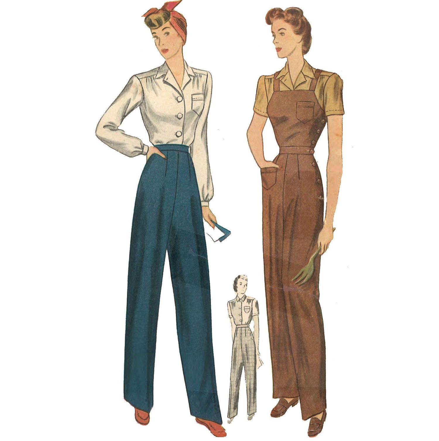 Two women wearing slacks and dungarees