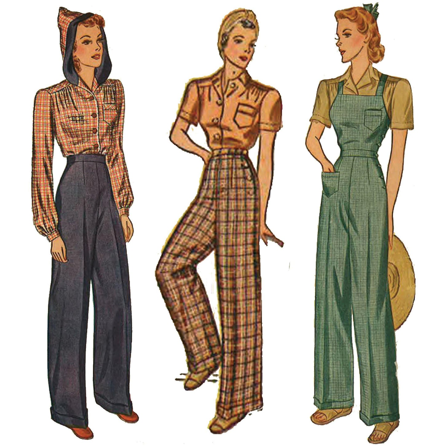Women wearing dungarees, overalls, slacks and shirt.