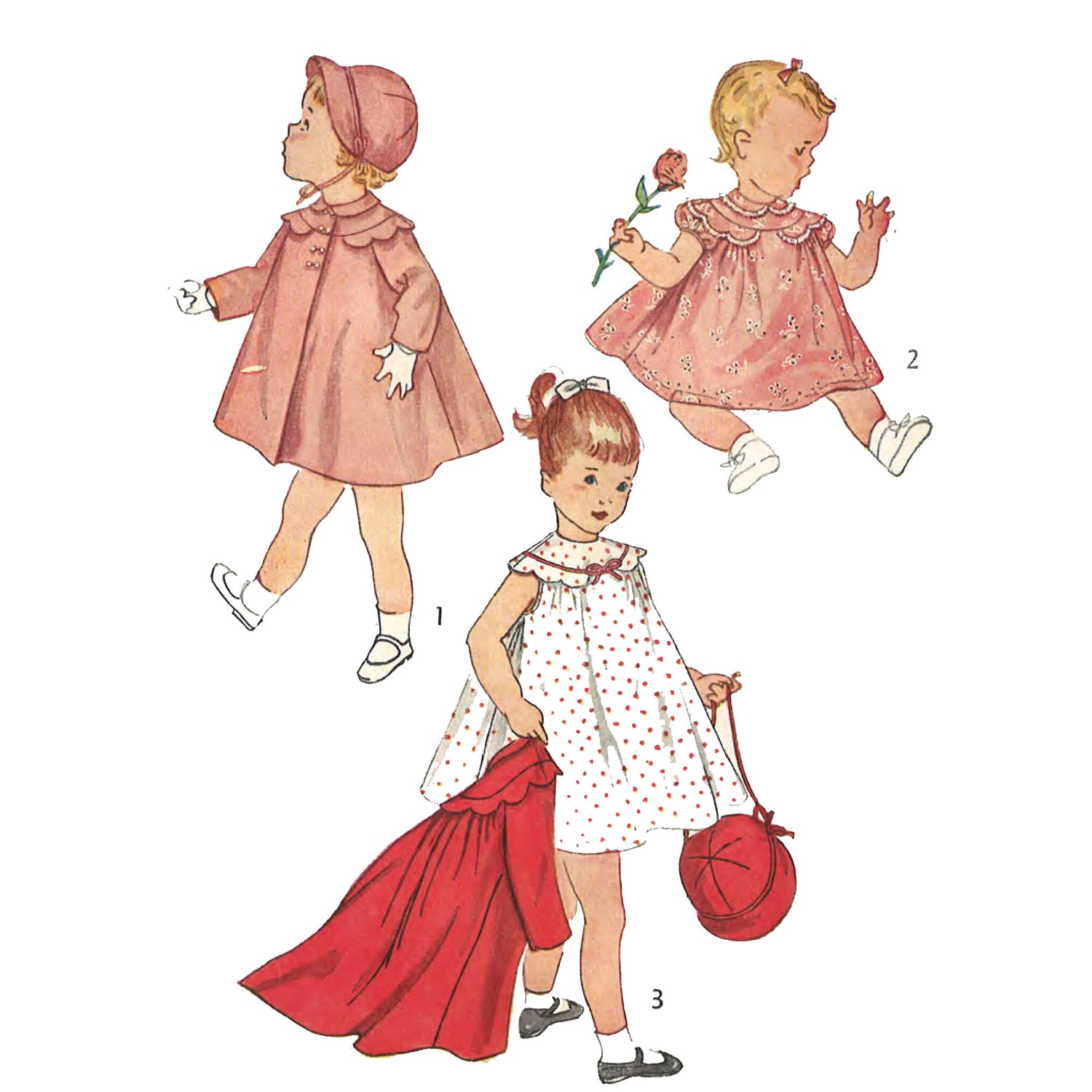 Little girls in dress, coat and bonnet.