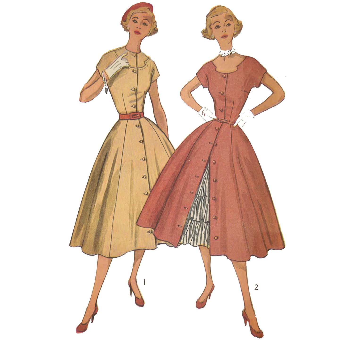 1950s Pattern, Full Skirt Beach /Day Dress inc. Ruffled Petticoat - Bust 34" / 86.4cm 