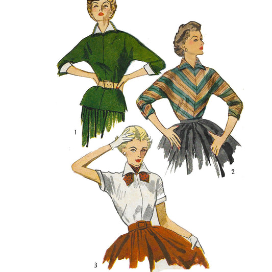 Model wearing 1950s overblouse and blouses with detachable collar, cuffs and scarf made from Simplicity 4010 pattern