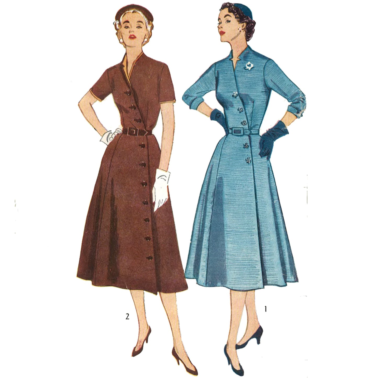 Two women wearing dresses. Left, dress in brown with short sleeves. Right, dress in blue with longer sleeves.