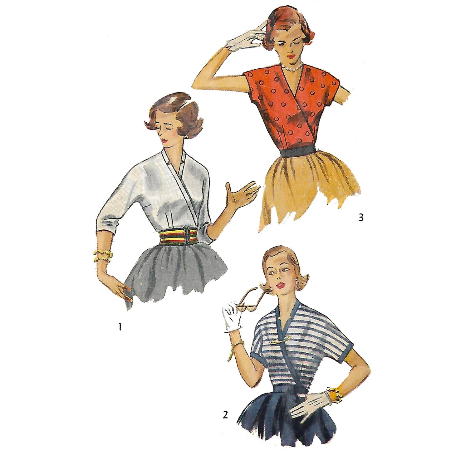 Model wearing 1950s blouses made from Simplicity 4165 pattern