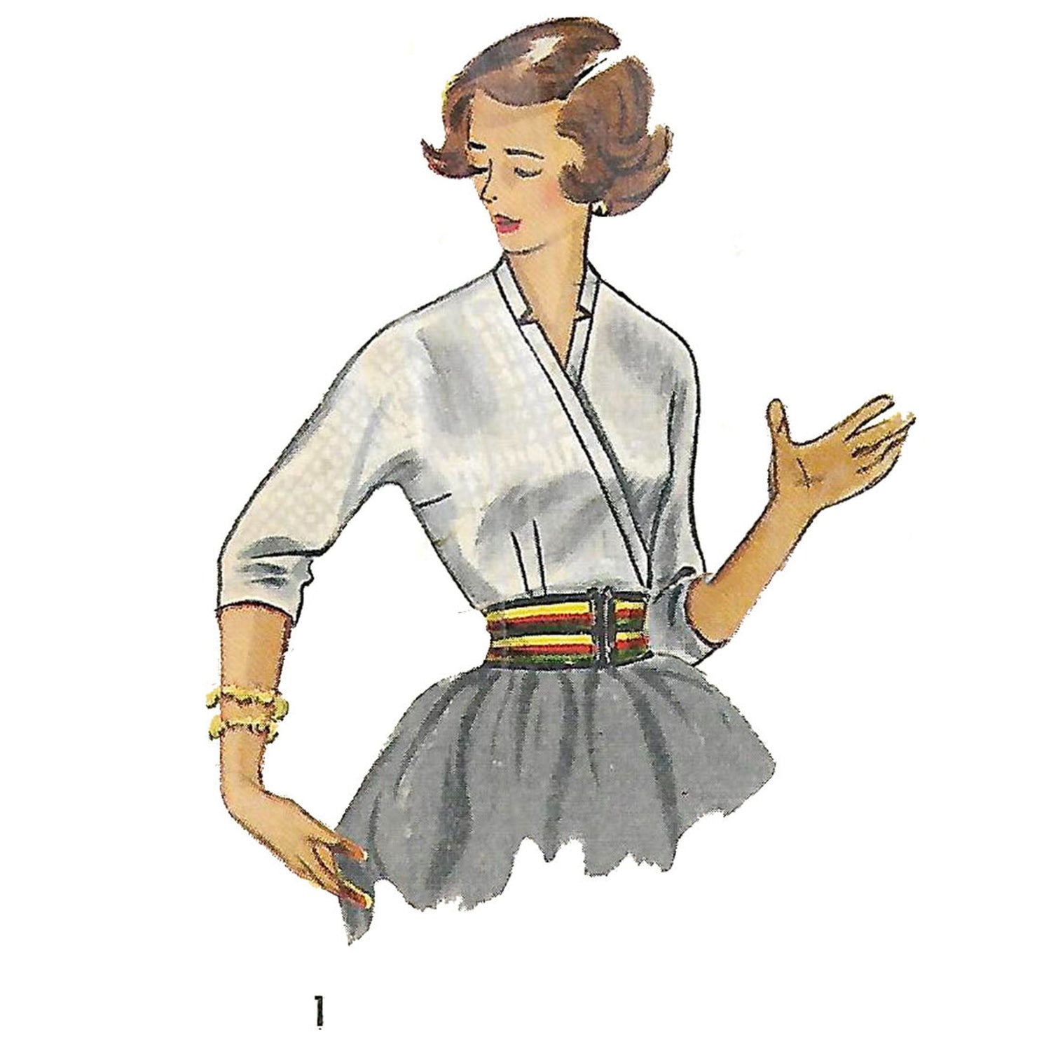Model wearing 1950s blouses made from Simplicity 4165 pattern