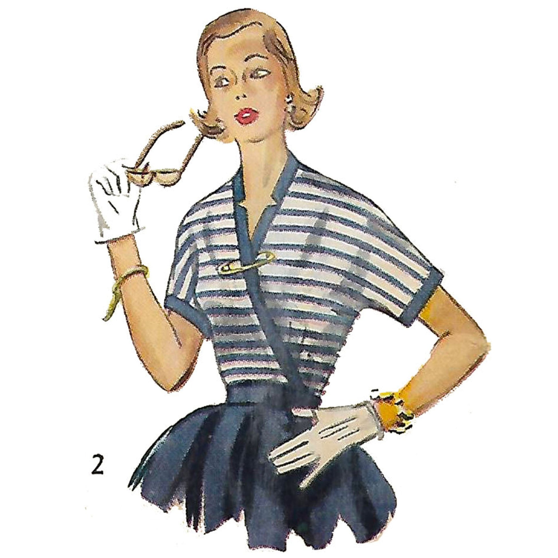 Model wearing 1950s blouses made from Simplicity 4165 pattern