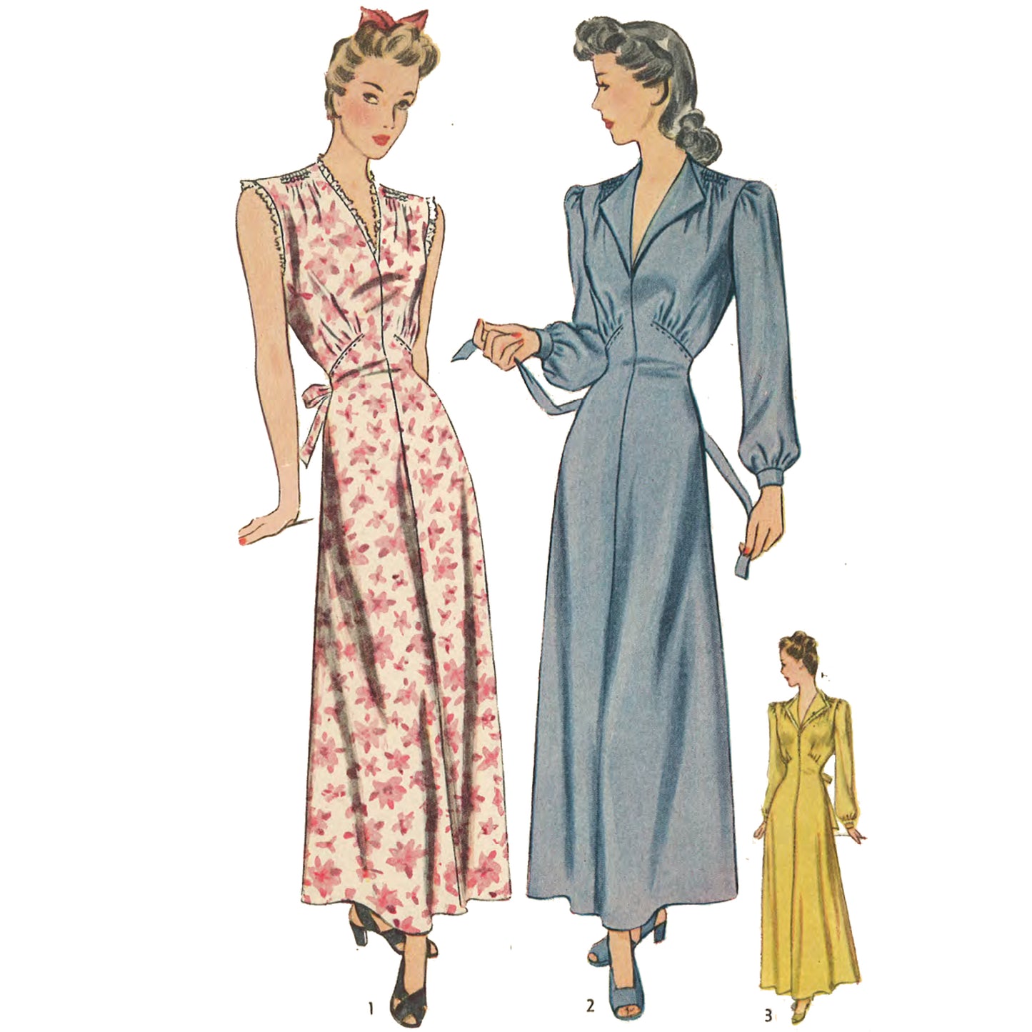 Women wearing nightgowns. Left, sleeveless and collarless, made in white material with floral pattern. Middle, long sleeved with lapel collar, made in blue material. Right, smaller image, long sleeve with lapels, trimmed with lace, made in yellow.