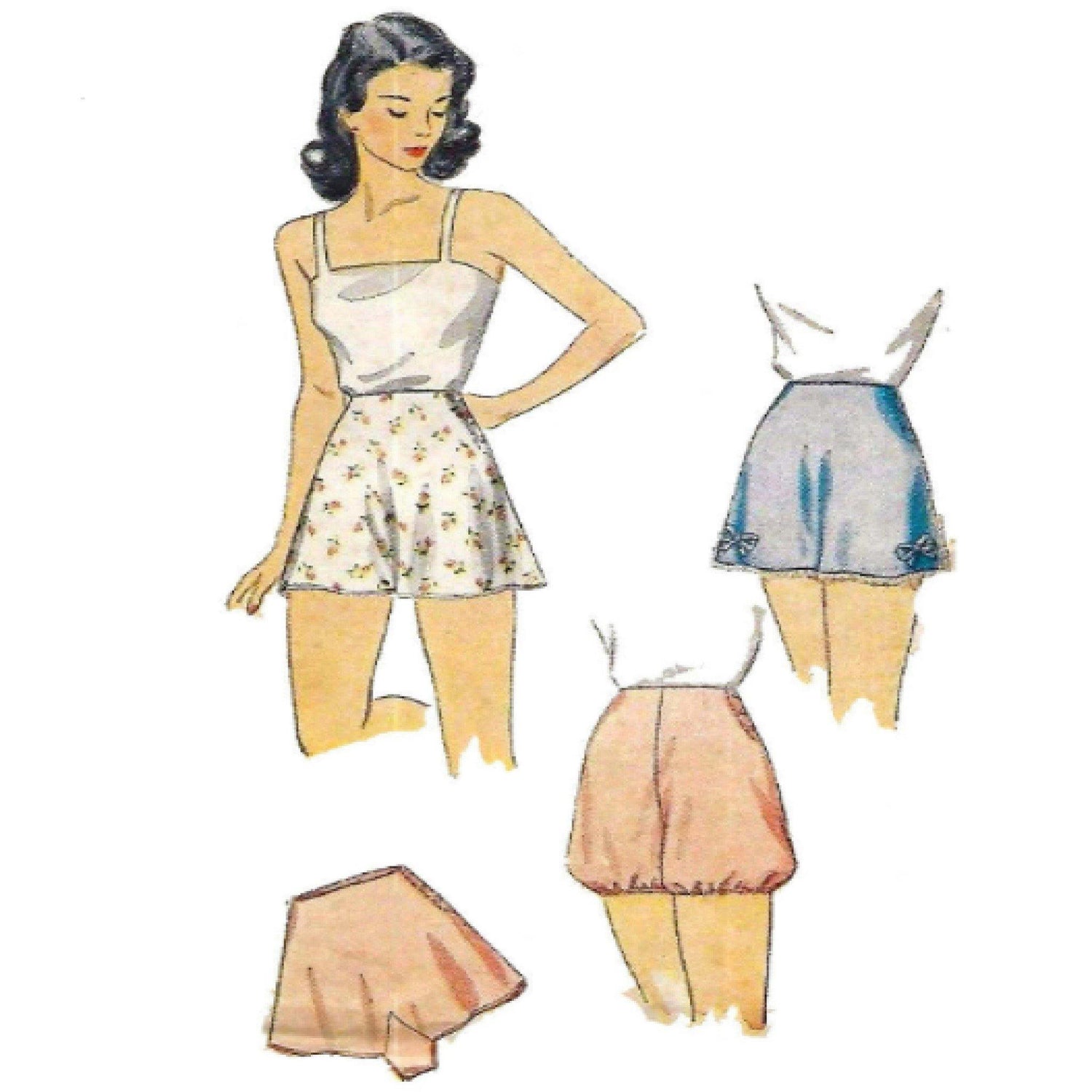 Sewing pattern cover illustration featuring a woman wearing panties and bloomers