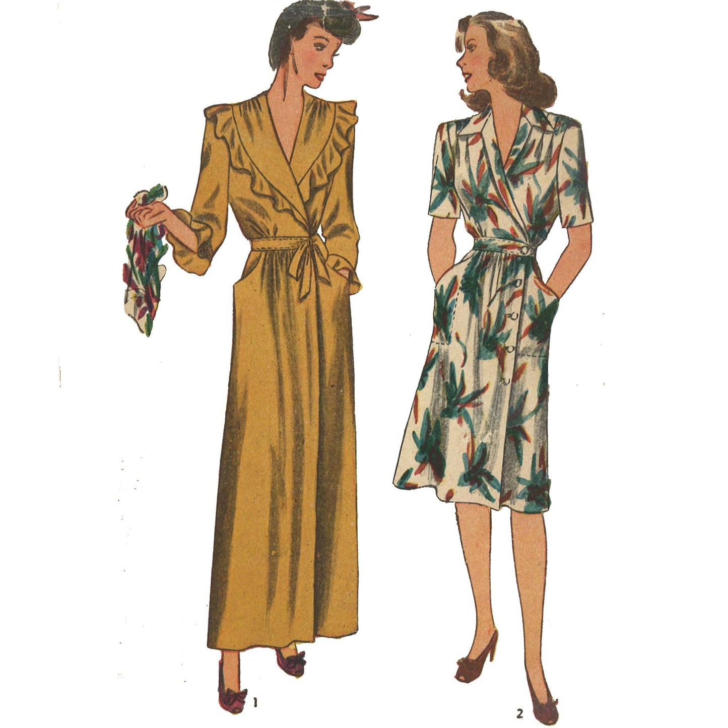 Women wearing housecoats. Left, ankle length, long sleeve robe in mustard yellow, featuring a ruffle trim on the collar edge. Right, knee length, short sleeve robe, in white fabric featuring a red and green abstract pattern.