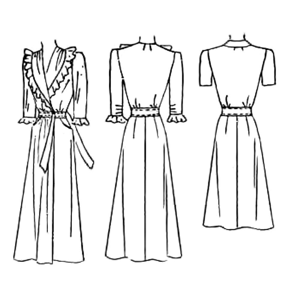 Line drawing of the robe. Left, front view of long robe, with long sleeve and a ruffle trim on the sleeve hem and collar edge. Middle, back view of long robe, with long sleeve and a ruffle trim on the sleeve hem. Right, back view of short length, short sleeve robe.