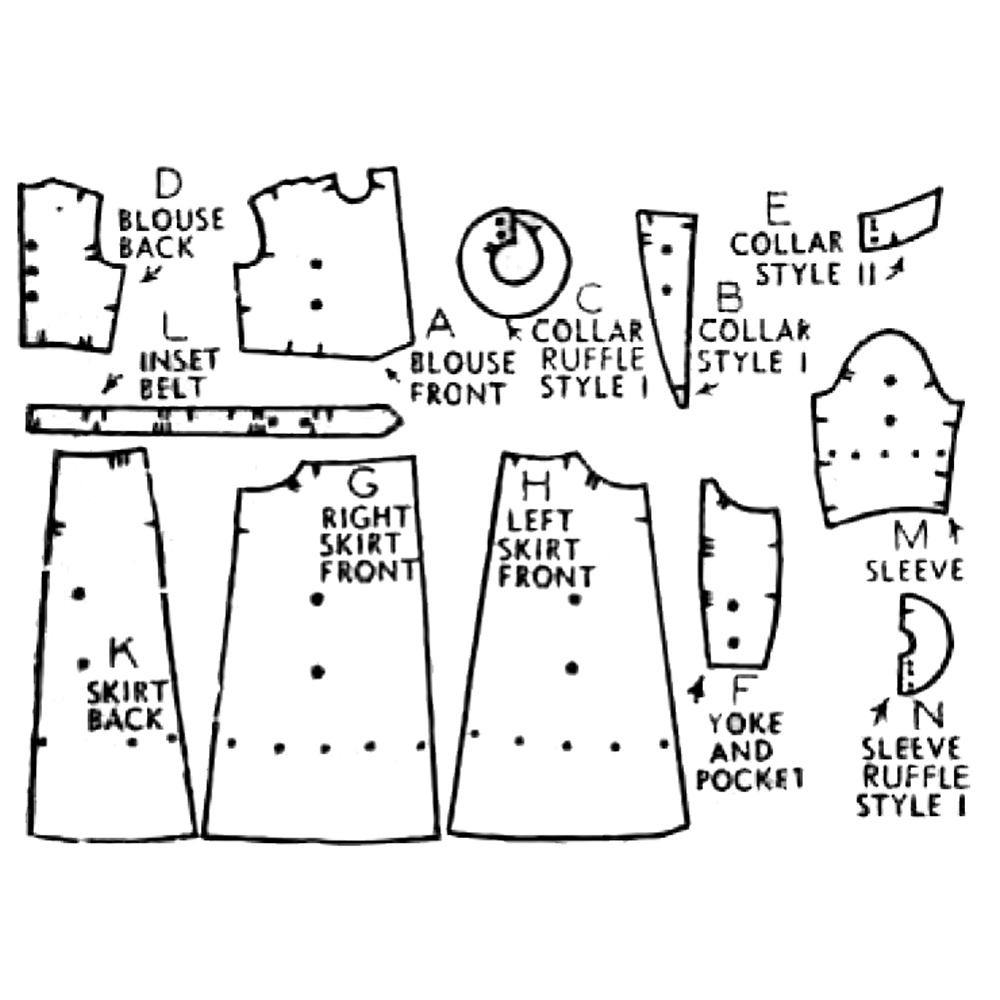 Line drawing of all pattern pieces included in "Vintage 1940s Pattern, Women's Housecoat, Dressing Gown"