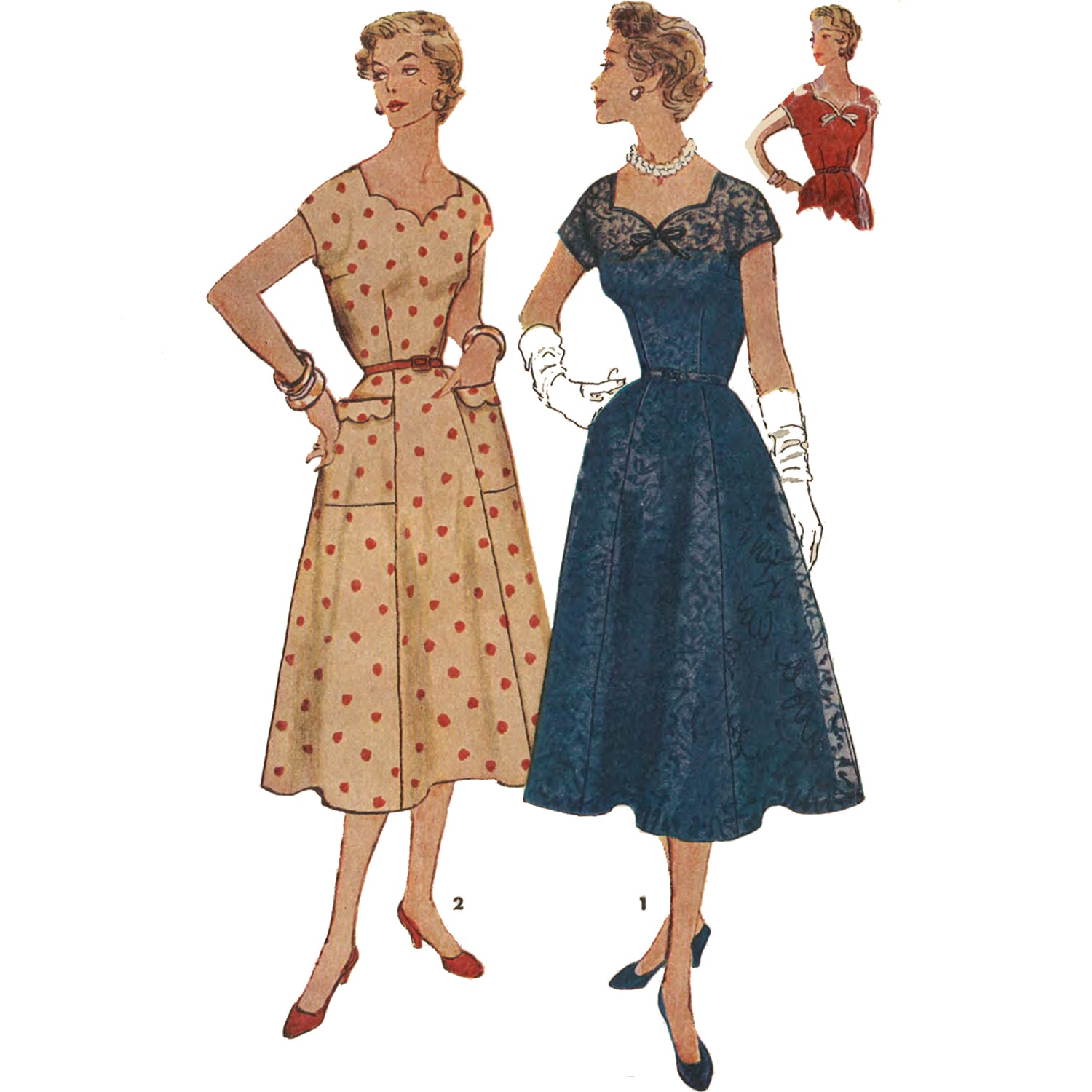 Women wearing dresses. Left, view 2, beige with red dots. Right, view 1, navy blue.