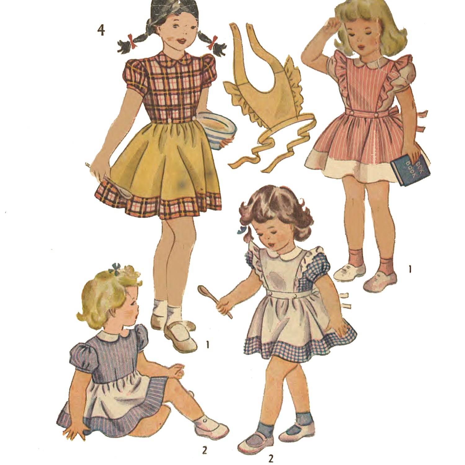 Little girls wearing dresses and bibs.