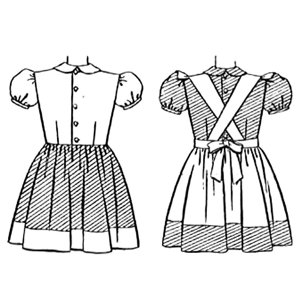Line drawing of back views of dresses and bibs.