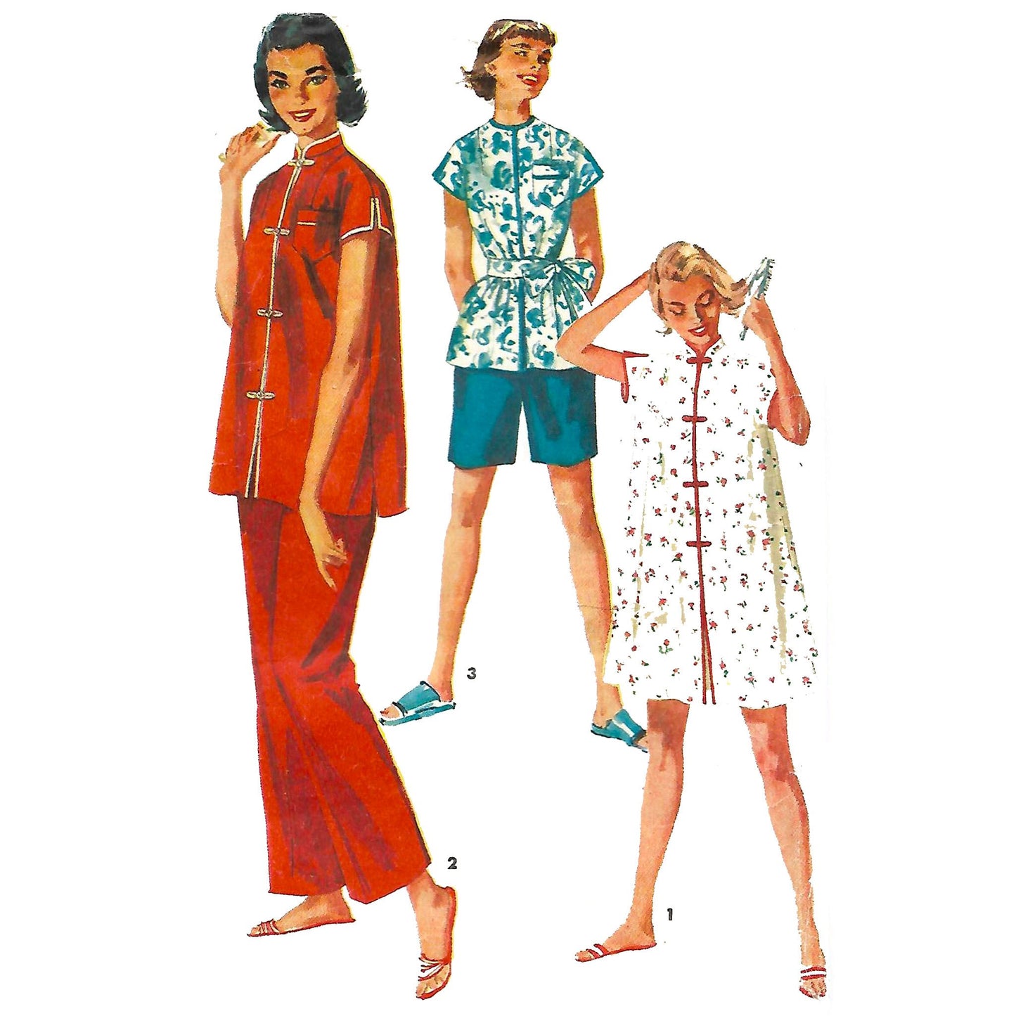Model wearing 1950s two-piece pajama with short and long pants and sleep coat made from Simplicity 4971 pattern
